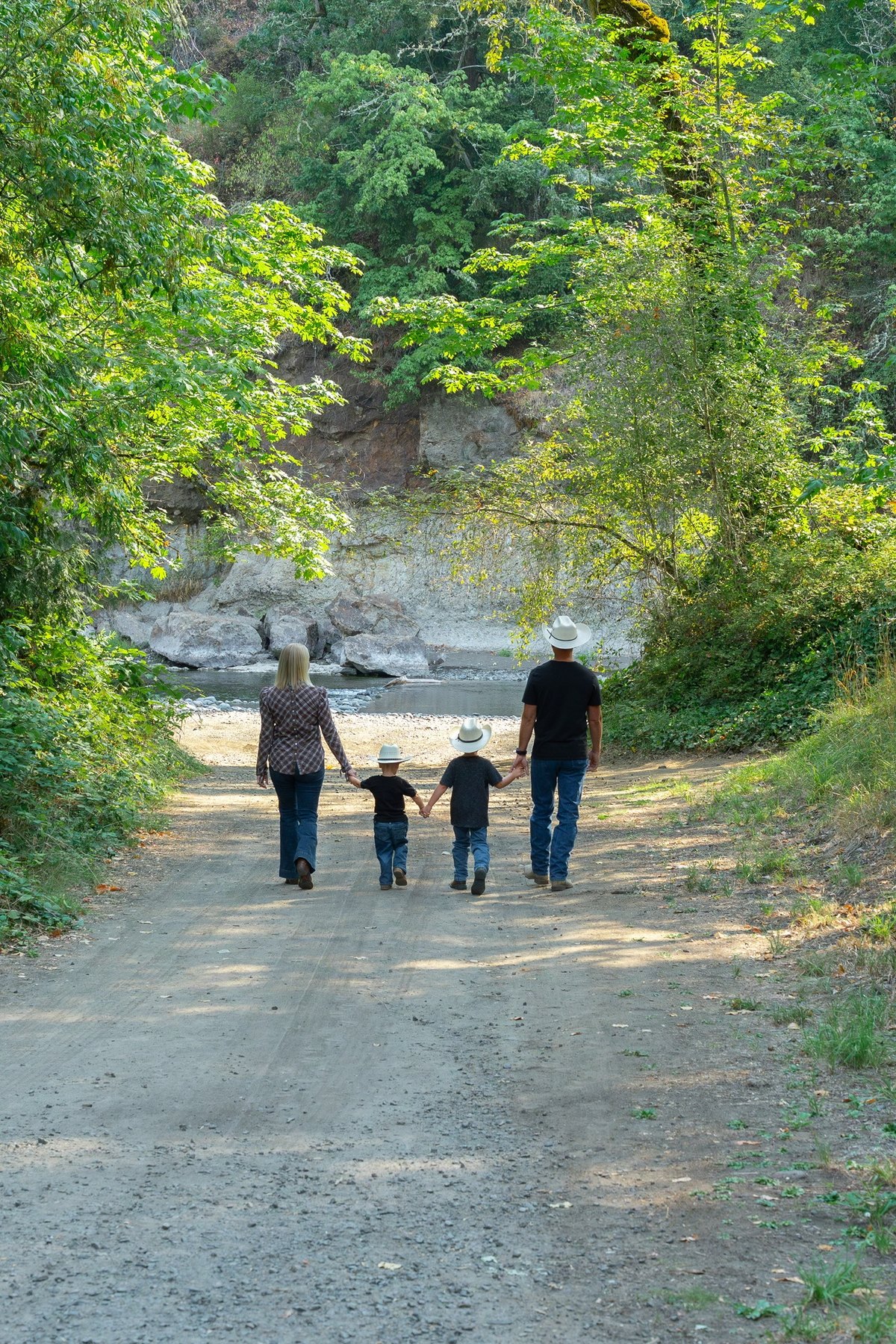 The Allen family walking together in Oregon